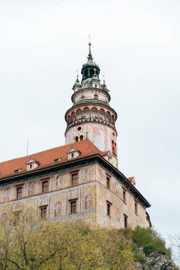 Cesky Krumlov 'un kale kulesi gri gökyüzüne karşı dimdik duruyor. Karmaşık tasarımlar ve kendine özgü bir çatı sergiliyor. Çevreleyen yeşillik, bu tarihi alanın resimsel görünümüne katkı sağlar.