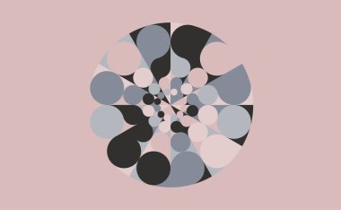 Açık pembe arkaplanda pembe, gri ve siyah tonlarında geometrik şekillerle soyut dairesel bileşim. Modern ve dengeli bir tasarım, grafik, dekoratif ve sanatsal projeler için ideal.