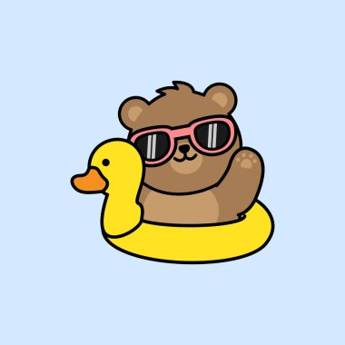 Sarı ördek yüzme halkalı şirin ayı, vektör çizimi.