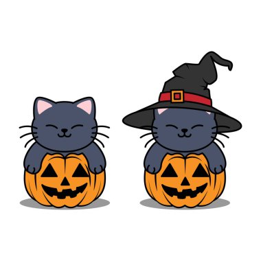 Tatlı Kara Kedi Cadılar Bayramı 'nda Jack o' Lantern çizgi filmi, Vektör İllüzyonu