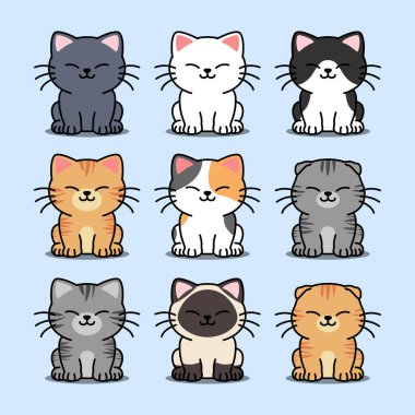 Şirin kedi oturma çizgi film koleksiyonu, vektör illüstrasyonu
