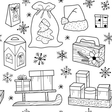 vector contur seamless pattern New Year s, Christmas decorations and gifts