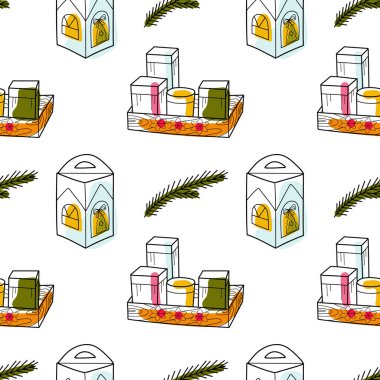 Vektör kontur ve noktasız desen Yeni Yıl, Noel süslemeleri ve hediyeler