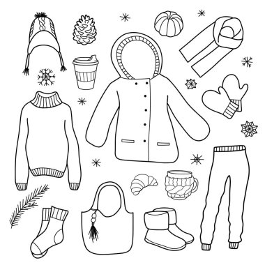contour drawings, a set of winter clothes lineart