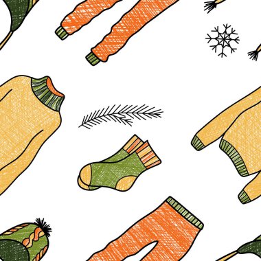 vector pencil seamless pattern of winter clothes art
