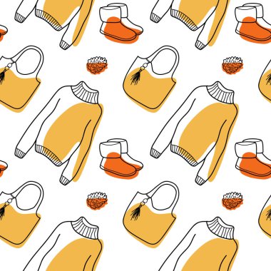 vector contur and color spot seamless pattern of winter clothes lineart