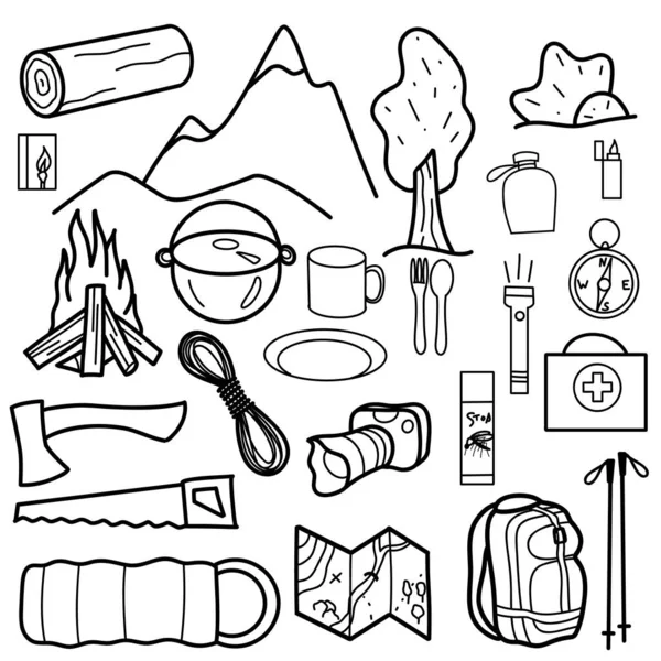 Desenhos Contorno Conjunto Elementos Para Caminhadas Camping Montanhas Madeira Mochila —  Vetores de Stock