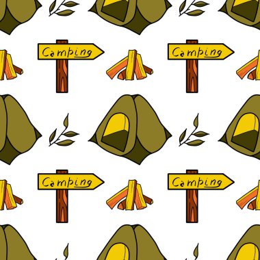 Yürüyüşün kusursuz düz çizimleri, kamp vektörü.