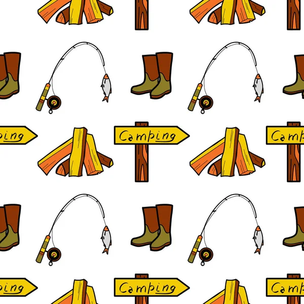 Yürüyüşün kusursuz düz çizimleri, kamp vektörü.