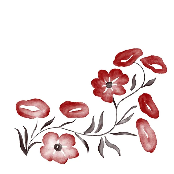 Digital Akvarell Blomma Prydnad Röd Svart Brodyr — Stockfoto