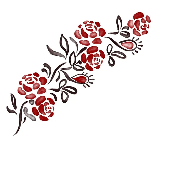 Dijital Suluboya Çiçek Süsü Kırmızı Siyah Nakış — Stok fotoğraf