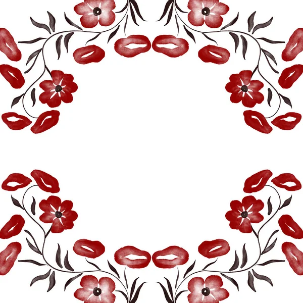 Moldura Com Flores Etno Aquarela Digital Preta Vermelha — Fotografia de Stock