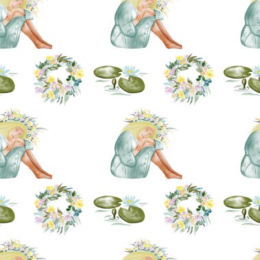 Suluboya desensiz - Ivan Kupala tatili, festival kadını, çelenkli kız