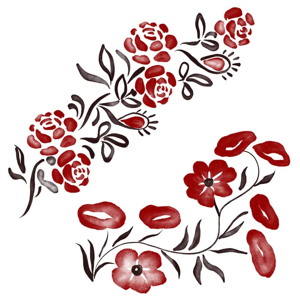 Aquarela Digital Conjunto Ornamento Flores Bordado Vermelho Preto — Fotografia de Stock