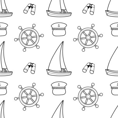 Deniz seyir dümeni, yelken, dürbün temasında vektör kontürsüz desen