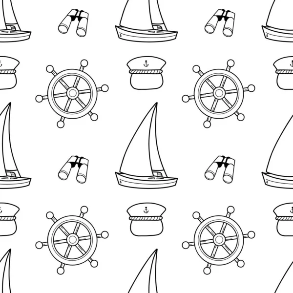 Векторный Контур Бесшовный Узор Тему Морского Круизного Руля Паруса Бинокля — стоковый вектор