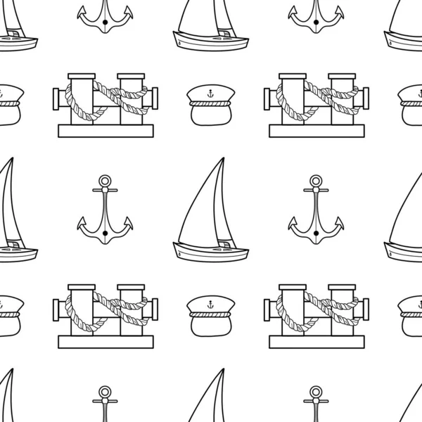 Векторный Контур Бесшовный Узор Тему Морской Круизной Яхты Якорь Кепка — стоковый вектор