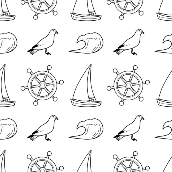Векторный Контур Бесшовный Узор Тему Морского Круизного Руля Яхта Чайка — стоковый вектор