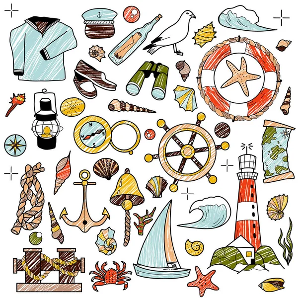 铅笔绘图 一套海上旅行要素 锚救生圈图 — 图库矢量图片