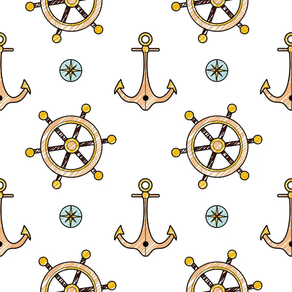 Векторный Карандаш Бесшовный Узор Тему Морского Круизного Руля Якорь — стоковый вектор