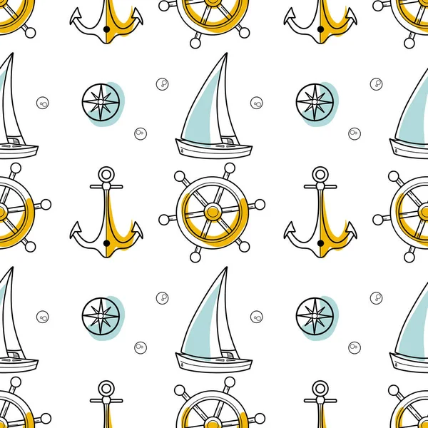 Векторный Контур Цвет Пятна Бесшовный Узор Тему Морского Круизного Руля — стоковый вектор