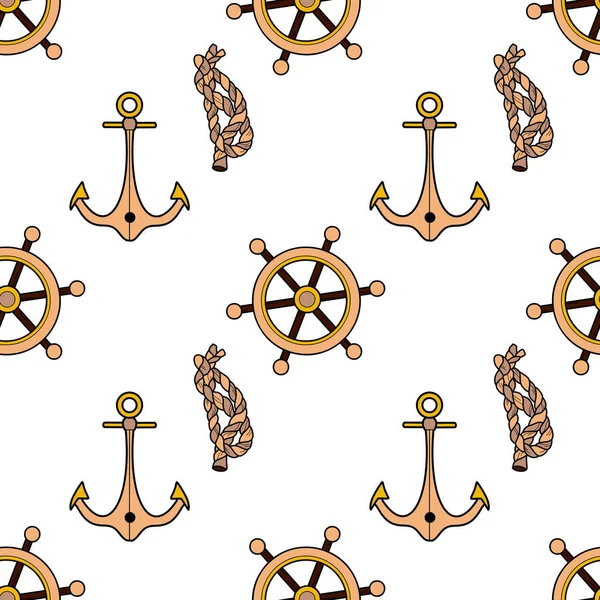 Vector Flat Seamless Pattern Theme Sea Cruise Anchor Rudder Rope — Stock Vector