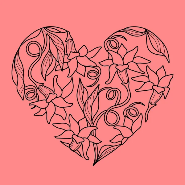 カード 本のための心臓のラインアートデッサン ダッフルズ植物 — ストックベクタ