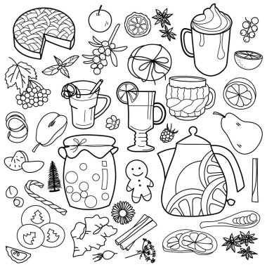 Kış sıcaklığı, tatlılar, ılık içecekler, böğürtlenler için hatlar çiz