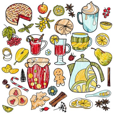 Kış sıcaklığı, tatlılar, ılık içecekler, böğürtlenler için kalem çizimleri yap