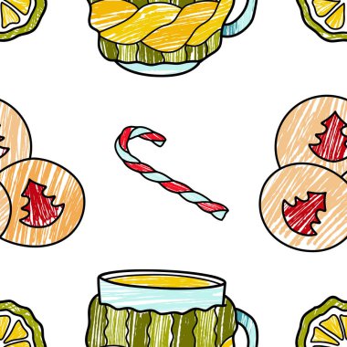 Kış sıcaklığı, tatlılar ve sıcak içecekler için vektör kalemsiz desen