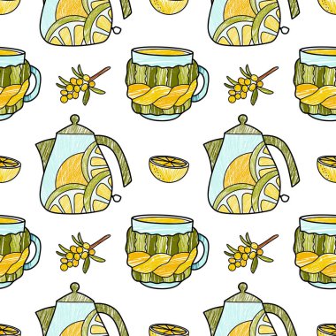 Kış sıcaklığı, tatlılar ve sıcak içecekler için vektör kalemsiz desen