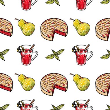 Kış sıcaklığı, tatlılar ve sıcak içecekler için vektör kalemsiz desen