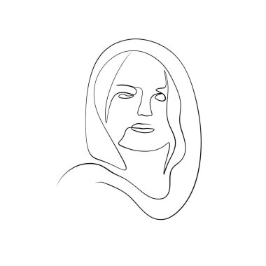 Soyut Kadın yüzü. Şallı kadın. Devamlı çizgi çiziyor. Vektör çizgisi sanatı. Vektör minimalist orta yüzyıl tasarımı