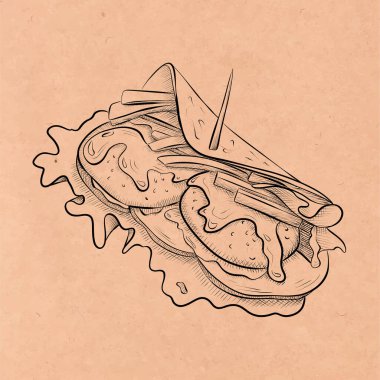 Çizgiler çiziyor. Çizgili sanat yemekleri: Pide ekmeği içinde sebze, pirzola, peynir. Vektör minimalist tasarım, kalem çizimi