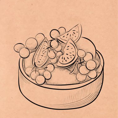 El işi kağıdına çizgiler çiziyor. Sanat eseri. Meyve ve böğürtlen kasesi. Vektör minimalist tasarımı