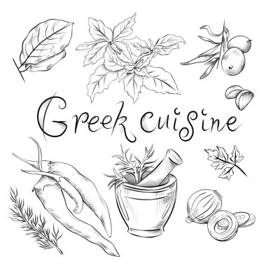 Çizgiler çiziyor. Sanat eseri yemek Yunan mutfağı. Vektör minimalist tasarım yeşiller, zeytinler, sarımsak, soğan, biber