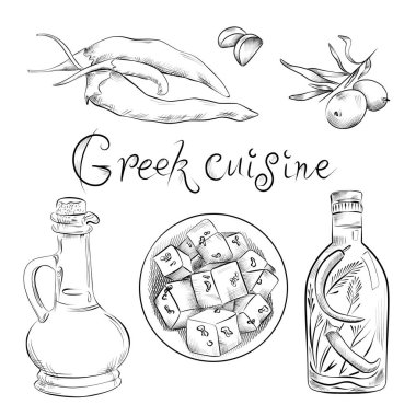 Çizgiler çiziyor. Sanat eseri yemek Yunan mutfağı. Vektör minimalist tasarım zeytin, sarımsak, acı biber, yağ, feta, sos