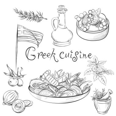 Çizgiler çiziyor. Sanat eseri yemek Yunan mutfağı. Vektör minimalist tasarım Deniz ürünleri, fesleğen, zeytin, soğan, meyve, petrol Yunanistan bayrağı