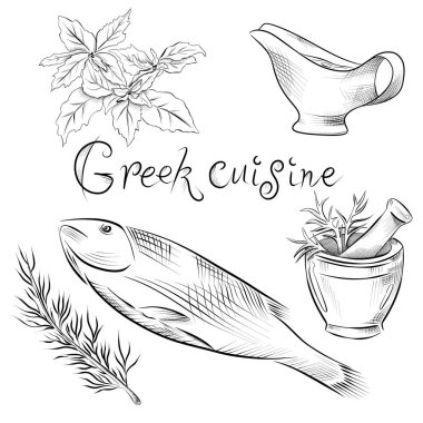 Çizgiler çiziyor. Sanat eseri yemek Yunan mutfağı. Vektör minimalist tasarım yeşiller, balık, sos, baharat harcı