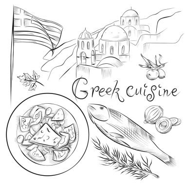 Çizgiler çiziyor. Sanat eseri yemek Yunan mutfağı. Vektör minimalist tasarım yeşiller, balık, soğan, zeytin, salata, Yunanistan manzarası ve bayrak