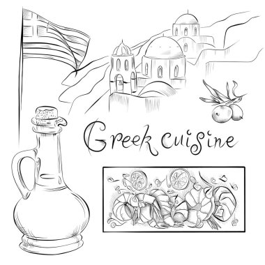 Çizgiler çiziyor. Sanat eseri yemek Yunan mutfağı. Vektör minimalist tasarım Deniz ürünleri, yağ, zeytin, Yunanistan manzarası ve bayrak