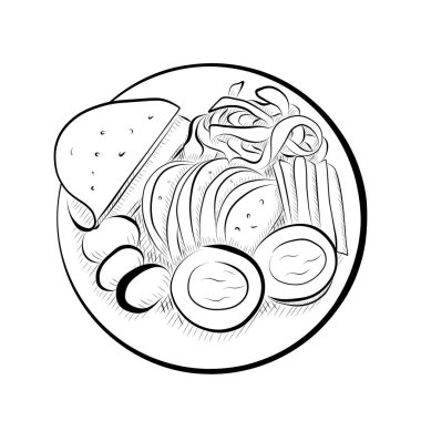 Çizgiler çiziyor. Kahvaltı yumurtası, pastırma, ekmek, domates, yeşillik. Vektör minimalist tasarımı