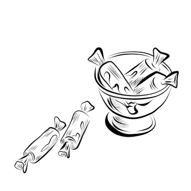 Çizgi çizme. Art line kase tabağında şeker ve iki şeker yan yana. Vektör minimalist tasarımı