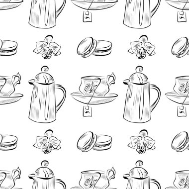 vektörsüz desen çizgisi sanat elementleri kahve dükkanı çaydanlığı, çay, badem kurabiyesi, çiçek