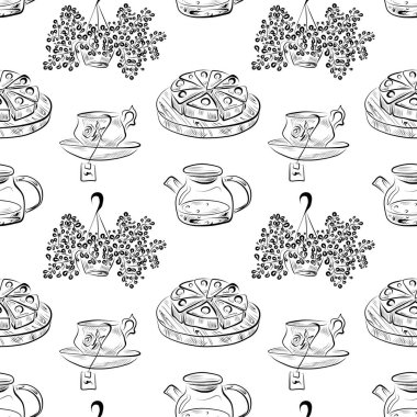 vektörsüz desen çizgisi sanat elementleri kahve demliği, bitki, çay, çaydanlık, turta
