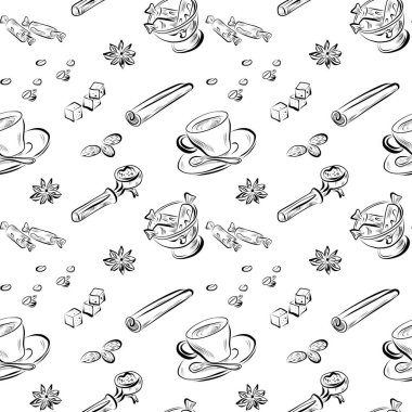 vektörsüz desen çizgisi sanat elementleri kahve dükkanı kahvesi, baharatlar, şeker, şekerli kase