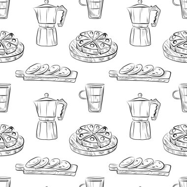 vektörsüz desen çizgisi sanat elementleri kahve makinası, kahve demliği, pasta, krep