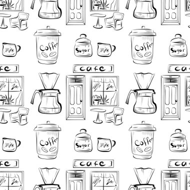 vektörsüz desen çizgisi sanat elementleri kahve makinası kahve demliği, kahve filtresi, kafeterya cephesi