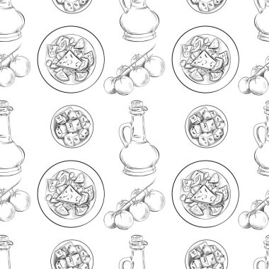 vektörsüz desensiz sanat elementleri - Yunan yemeği, mutfak domatesleri, yağ, feta, salata