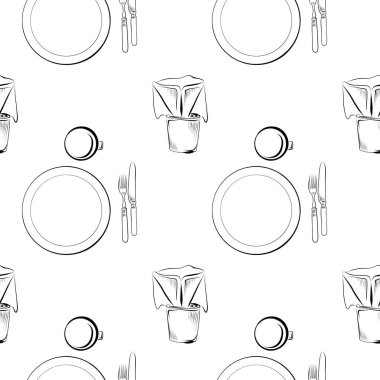 vektörsüz desenli sanat elementleri - yemek, mutfak kahvaltı tabağı, çatal ve bıçak, fincan, kahve filtresi